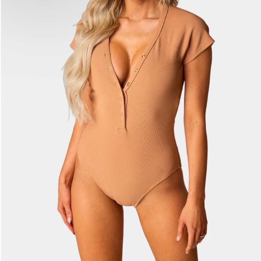 Buddy Love Mona Short Sleeve One-Piece Ribbed, Open Back Swimsuit, Sand, Medium